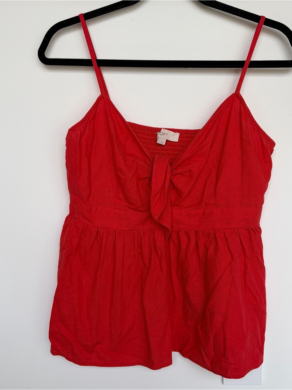 LOFT Red Linen Blend Tie-Front Bow Smocked Back Cami Tank Top Top Size Small